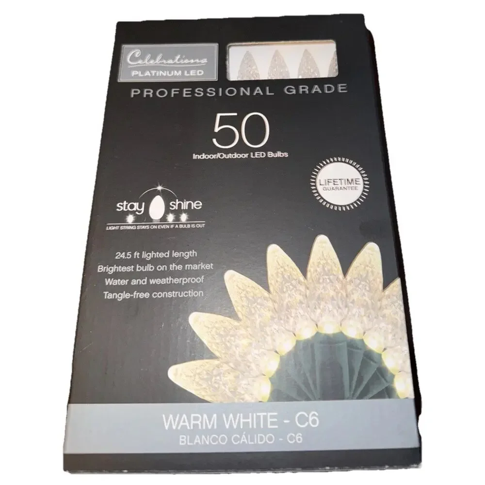 Celebrations Platinum LED C6 LIGHTS 50CT Warm White Christmas Wedding New NIB